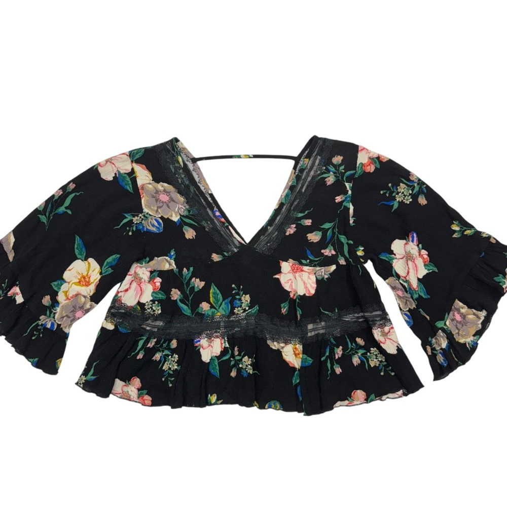 FAVLUX Peplum Babydoll Top Lace Trim Flare Sleeve Crop Ruffles Floral Fairy Y2K - Picture 5 of 13